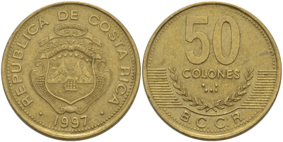 КОСТА-РИКА 50 КОЛОН 1997 а KM 231 латунь 82-146