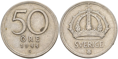Швеция 50 эре 1944 G, Густав V (1907-1950) KM 817 серебро 4148-845