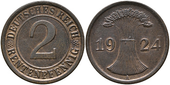 ГЕРМАНИЯ 2 РЕНТПФЕННИГА 1924 A J 307, KM 31 бронза UNC 66-717