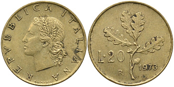 Италия 20 лир 1973 R, дубовая ветвь KM 97.2 алюминиевая бронза 4171-916