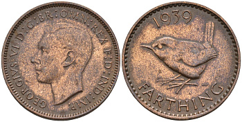 Великобритания 1 фартинг 1939 Георг VI (1936-1952) KM 843, Spink 4116 бронза 4584-146