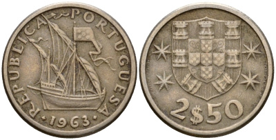 Португалия 2,5 эскудо 1963 парусник KM 590 медно-никель 4602-315