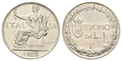 Италия 1 лира 1922 Виктор Эммануил III (1900-1946) KM 62 никель 4707-637