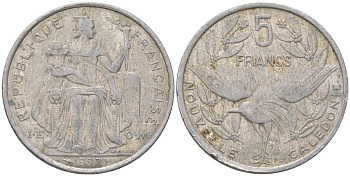 Французская Новая Каледония 5 франков 1997 птица кагу, (IEOM) KM 16, Schoen 12, Lec 81b алюминий 189-145