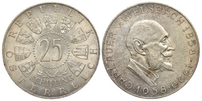 Австрия 25 шиллингов 1958 100 лет со дня рождения Карла Вельсбаха KM 2884 серебро aUNC 413-6831