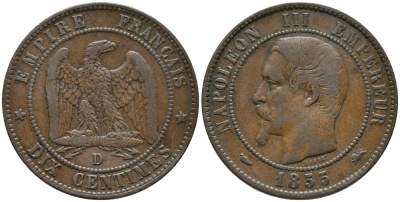 ФРАНЦИЯ 10 САНТИМОВ 1855 D, НАПОЛЕОН III (1852-1870) KM 771.4, LE FRANC 133.24 бронза 32-925