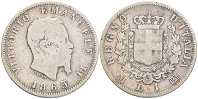 Италия 1 лира 1863 M-BN, Виктор Эммануил II KM 5a.1 серебро 4556-1112