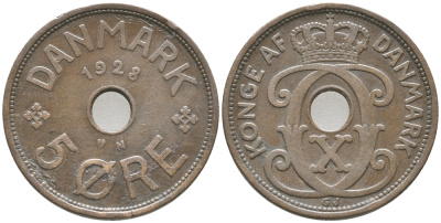 ДАНИЯ 5 ЭРЕ 1928 N ; GJ, КРИСТИАН X (1912-1947) KM 828.2 бронза 32-524