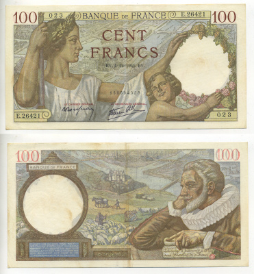 ФРАНЦИЯ 100 ФРАНКОВ 1941 4 ДЕКАБРЯ 1941 Pick 94 бумага 7552-13-2