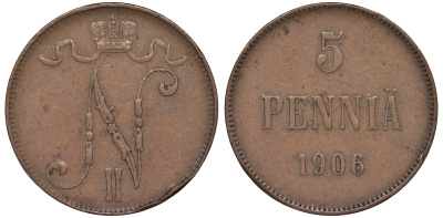 Россия для Финляндии 5 пенни 1906 Биткин 447 медь 53-856