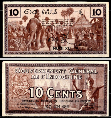 Французский Индокитай 10 центов ND (1939) Pick 85 e бумага 435-34-2-2