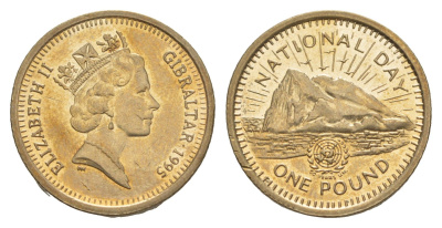 Гибралтар 1 фунт 1995 50 лет ООН KM 340 никель латунь aUNC 4646-1057