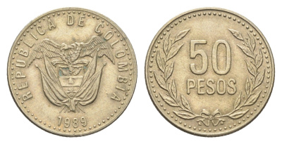 Колумбия 50 песо 1989 KM 283 медь цинк никель 4664-466