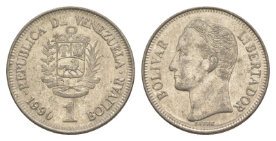 Венесуэла 1 боливар 1990 Симон Боливар, толстый шрифт Y 52a.2 сталь плакированная никелем 4591-432