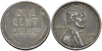 США 1 цент 1943 Авраам Линкольн KM 132а сталь плакированная цинком 46-918