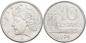 БРАЗИЛИЯ 10 СЕНТАВО 1974 KM 578.1а нержавеющая сталь 4529-356