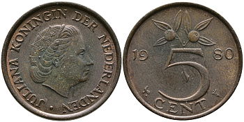 Нидерланды 5 центов 1980 Юлиана (1948-1980) KM 181 бронза 98-314