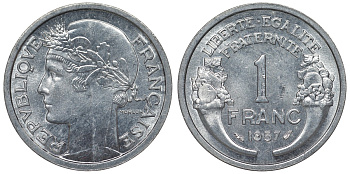 Франция 1 франк 1957 тип Morlon KM 885а.1, Le Franc 221.19 алюминий 4128-334