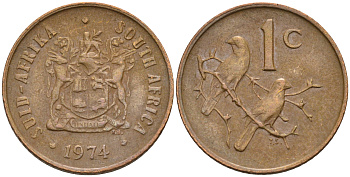 ЮАР 1 цент 1974 герб, капские воробьи KM 82 бронза 4115-167