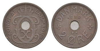 Дания 2 эре 1929 N, Кристиан X (1912-1947) KM 827 бронза 4658-231