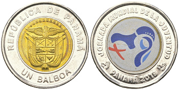 Панама 1 бальбоа 2019 Всемирный день молодёжи, цветное покрытие KM?169 биметалл UNC 4364-3756
