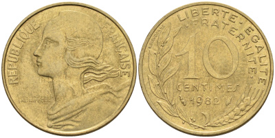Франция 10 сантимов 1982 тип Марианна KM 929 медь алюминий никель 4594-1215