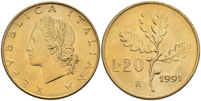 Италия 20 лир 1991 R, дубовый лист KM 97.2 алюминиевая бронза  UNC  4594-857