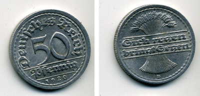 ГЕРМАНИЯ 50 ПФЕННИГОВ 1920 D KM 27, J. 301 алюминий 57-343