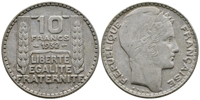 Франция 10 франков 1932 Пьер Тюрен KM 878, Le Franc 360.5 сереброо 93-231