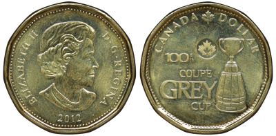 Канада 1 доллар 2012 100-ый кубок Грея (чемпионат канадской футбольной лиги) KM 1295 никель плакированный бронзой UNC 4542-1243