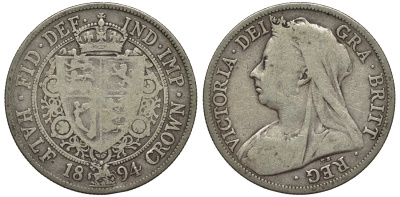 Великобритания 1/2 кроны 1894 Виктория (1837-1901) KM 782, Spink 3938 серебро 1524-244