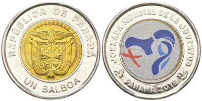 Панама 1 бальбоа 2019 Всемирный день молодёжи, цветное покрытие KM?169 биметалл UNC 4364-3756