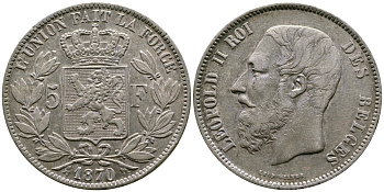 Бельгия 5 франков 1870 Леопольд II (1865-1909) KM 24  серебро    00-1067-9-53