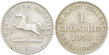 Брауншвейг-Каленберг-Ганновер 1 грош 1858 В, Георг V (1851-1866) KM 236, Jaeger 93, AKS 149 серебро 206-333