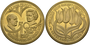 Нидерланды медаль 1987 50 ЛЕТ СВАДЬБЕ ПРИНЦЕССЫ ЮЛИАНЫ И ПРИНЦА БЕРНХАРДА, (7 января 1937-1987), диаметр 35 мм. желтый металл 4184-432