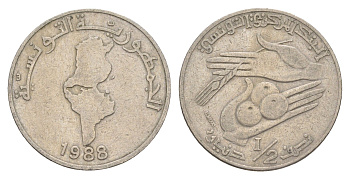 Тунис 1/2 динара 1988 KM 318 медно-никель 4513-124