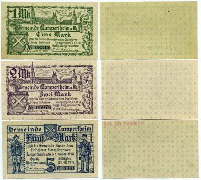 ЛАМПЕРТХАЙМ-НА-РЕЙНЕ, ГЕРМАНИЯ НАБОР ИЗ 3 БАНКНОТ 1918-1919 1 НОЯБРЯ 1918 - 31 ДЕКАБРЯ 1919, НОТГЕЛЬД, ЗЕМЛЯ ГЕССЕН (1, 2, 5 МАРОК) Geiger 304.01, 304.02, 304.03 бумага UNC (ПРЕСС) 8613-36-2