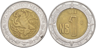 Мексика 1 песо 1994 Мо KM 550 биметалл 113-731