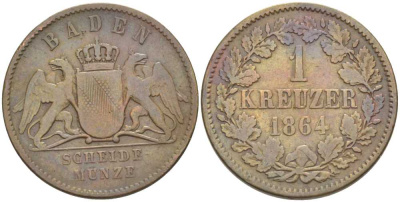 Баден 1 крейцер 1864 Великий Герцог Фридрих I (1856-1907) КМ 242 медь 117-834