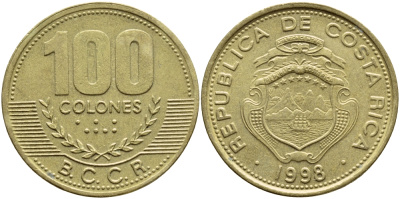 Коста-Рика 100 колон 1998 B.C.C.R. KM 230а латунь 4185-111
