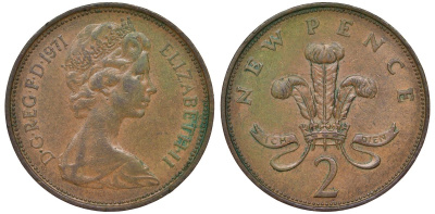 Великобритания 2 пенса 1971 Елизавета II (1952-2022) KM 916, Spink 4235 (C1) бронза 72-234