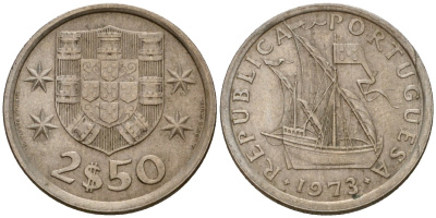 Португалия 2,5 эскудо 1973 парусник KM 590 медно-никель 4602-319