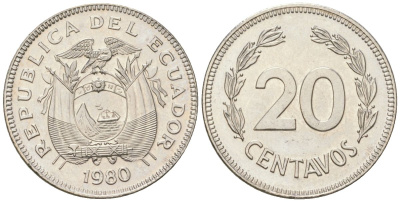 Эквадор 20 сентаво 1980 KM 77.2a сталь плакированная никелем aUNC 4611-722