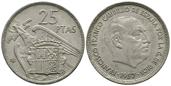 ИСПАНИЯ 25 ПЕСЕТ 1957 (68) ФРАНСИСКО ФРАНКО ДИКТАТОР ИСПАНИИ (1939-1975) KM 787 медно-никель 4364-4211