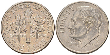 США 10 ЦЕНТОВ = 1 ДАЙМ 2003 D, РУЗВЕЛЬТ KM 195a медь плакированная медно-никелем UNC 187-1124