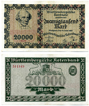 Штутгарт 20000 марок 1923 15 июня 1923, нотгельд, Wurtembergische Notenbanc, БЕЗ ПЕРЕГИБОВ, ЗЕМЛЯ Баден-ВЮРТЕМБЕРГ Keller 4930b  бумага   00-00