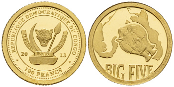 Конго 100 франков 2013 серия большая пятерка, носорог золото PROOF 00-804-31