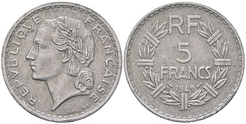 Франция 5 франков 1949 закрытая 9 KM 888b.1, Le Franc 339 алюминий 4599-134