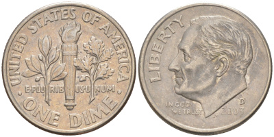 США 10 ЦЕНТОВ = 1 ДАЙМ 2003 D, РУЗВЕЛЬТ KM 195a медь плакированная медно-никелем UNC 187-1124