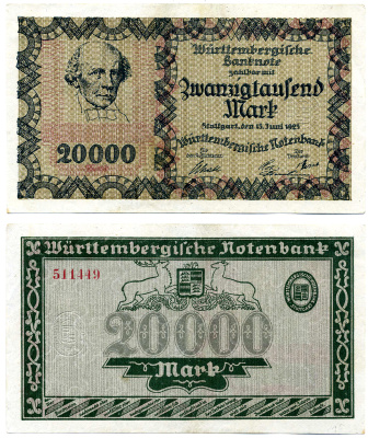 Штутгарт 20000 марок 1923 15 июня 1923, нотгельд, Wurtembergische Notenbanc, БЕЗ ПЕРЕГИБОВ, ЗЕМЛЯ Баден-ВЮРТЕМБЕРГ Keller 4930b  бумага   00-00
